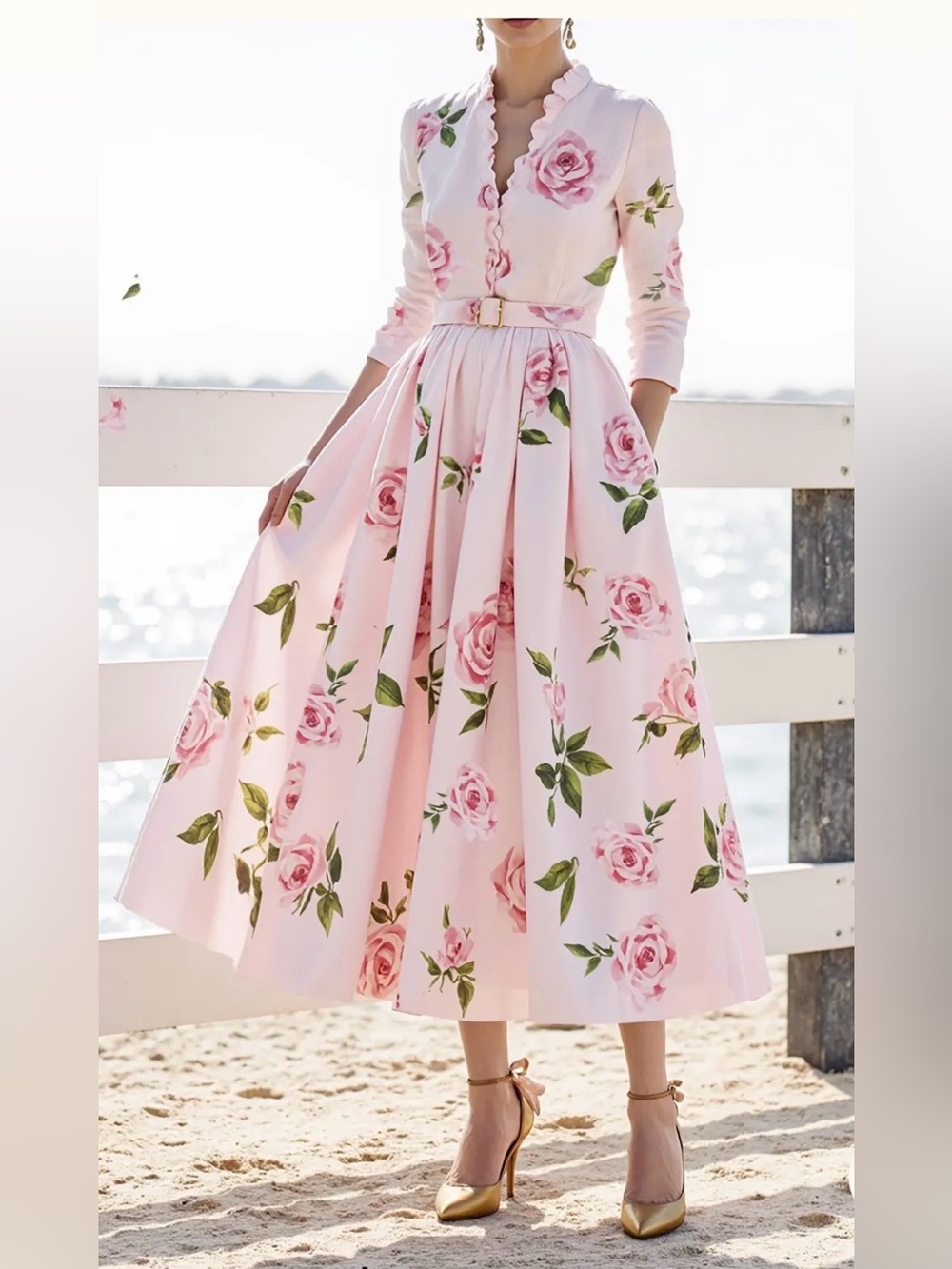 Pink Rose-Print Midi Skirt with Belt # 183